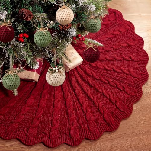 Thenshop 48 Inch Chunky Cable Knit Christmas Tree Skirt Burgundy by Thenshop
