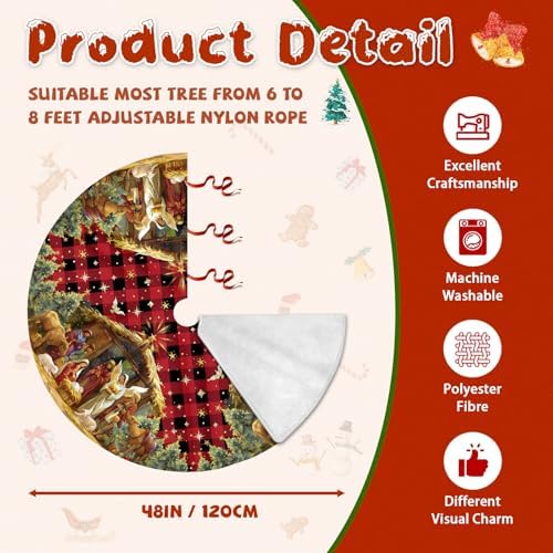 Nativity Christmas Tree Skirt 48 Inch, Christmas Skirt Tree Decoration with Buffalo Plaid Nativity, Christmas Trees Mat for Under Trees Holiday Party Indoor Decorations, Winter Gift for Women - Image 2