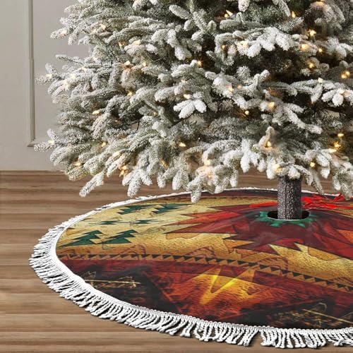 Christmas Tree Skirt 48" Inch Native American Indian Synthetic Xmas Tree Skirt Mat with White Tassel for Party Holiday, Tree Skirt Christmas Decorations by GHYGTY