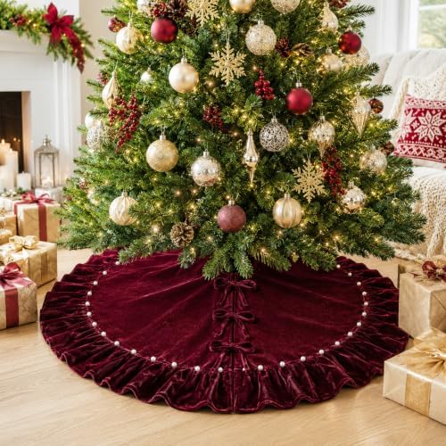 48-Inch Burgundy Ruffled Velvet Christmas Tree Skirt with Pearl-Trimmed Pleated Edge and 3 Bow Ties, Large Round Xmas Tree Base Cover for Holiday Home and Party Decor, 122 cm - Image 3