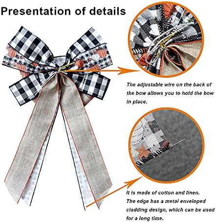 Large Fall Bows for Wreath, Thanksgiving Pumpkins Wreath Bow Orange Buffalo Plaid Burlap Bows Autumn Tree Topper Bow for Front Door Thanksgiving Party Decoration Supplies - Image 3