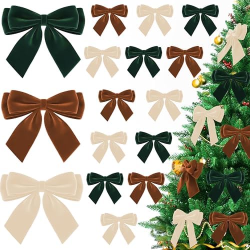 12Pcs Velvet Bows for Christmas Tree, Brown Beige Green Bow Christmas Decorations with Twist Tie, Mix Velvet Bow Ornaments Bulk for Wreath Garland Gift Wrapping Wedding Champagne Parties, 6x6in by CUPLOOV