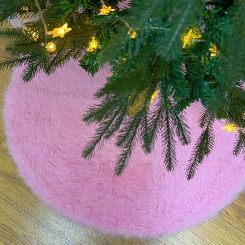 60 Inch Christmas Tree Skirt - Fluffy Faux Fur Pink Tree Skirt, Pink Plush Xmas Holiday Decor for Parties, Small Round Tree Skirt - Image 3