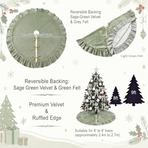 Velvet Christmas Tree Skirt, 60 Inches, Bow Style, Sage Green - Image 6