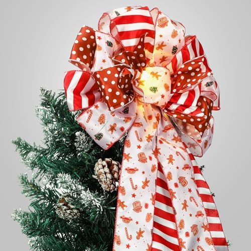 Thiccywoov Christmas Tree Topper 12 x 45'' Large Christmas Bows with Glitter Large Gingerbread Man Toppers Decorative Gift Bows for Wreaths Thanksgiving Xmas Tree Ornament - Image 4