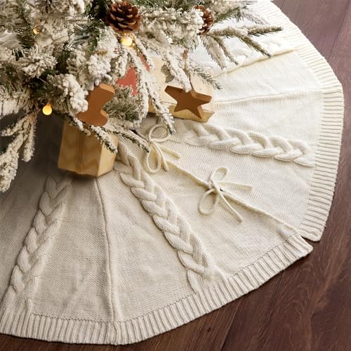 48 inch Christmas Tree Skirt: Multiple Braided Cable Knit Tree Skirt for 7.5ft Tree, Cream White Tree Skirt, Vintage Tree Skirts, Rustic Farmhouse Christmas Decorations by LimBridge