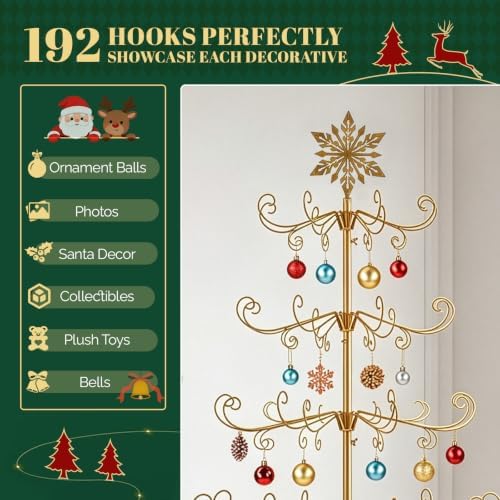 VINGLI 6ft Metal Christmas Ornament Tree Stand, Decorative Iron Display Tree w/ 192 Branches, Snowflake Topper, Ornament Display for Hanging Balls, Wrought Iron Xmas Tree Holiday Decorations, Gold - Image 2