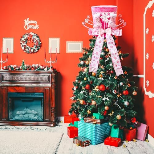 Christmas Tree Topper, Christmas Tree Topper Hat, Pink Boots Tree Topper Christmas Decorations with Bow Ribbon Christmas Tree Ornaments for Holiday Family Xmas D??cor - Image 4