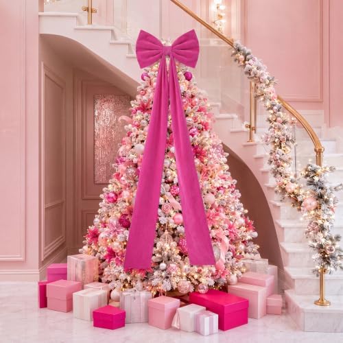 Knitgrip 20 x 71 Inches 1 Pack Christmas Extra Large Velvet Bows Christmas Tree Topper Bow Decor Giant Xmas Front Door Bows with Long Streamers for Home Wreath Wall Backdrop Party (Rose Red) - Image 4