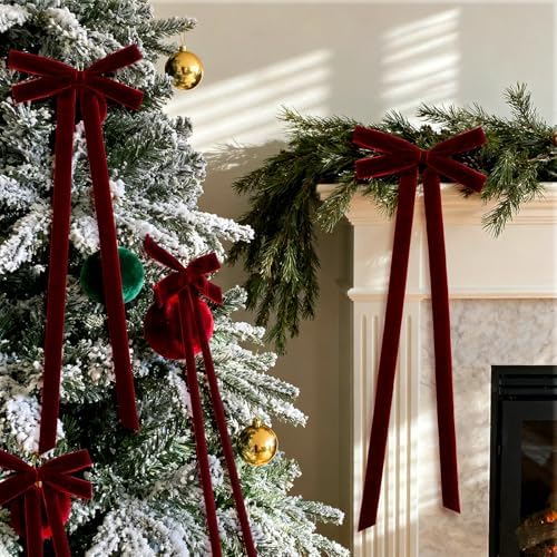 10 Pcs Burgundy Velvet Bows 22"x8" Pre-Tied Christmas Ornaments - Image 5