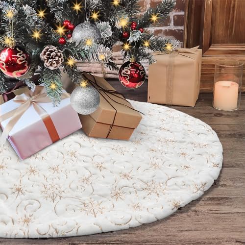 Dremisland Christmas Tree Skirt 48In White&Gold Tree Skirt with Snowflake by Dremisland