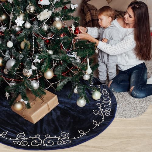 48inch Christmas Tree Skirt Navy Blue Luxury Velvet Plush Fur Skirts Baroque Tree Skirts with Gold Embroidered Pearls and Crystals Xmas Velvet Trees Skirt for Christmas Holiday Party Home Decorations - Image 5