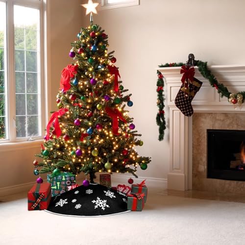 23 Inch Black Burlap Christmas Tree Skirt with White Snowflakes - Image 5