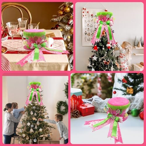 Pink Christmas Decor, Velvet Green Christmas Tree Topper Hat, Candy Cane Christmas Decorations Inddoor, Pink Ribbon Bow Topper Hat with Green Plush, Christmas Winter Holiday Decorations for Home - Image 7
