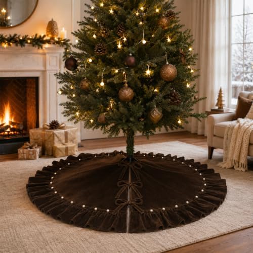 Dark Brown Velvet Christmas Tree Skirt, 36 Inch Christmas Tree Skirt with Ruffled Edge and Pearl Trim - Image 3
