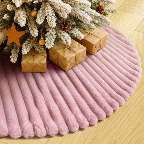 Christmas Tree Skirt Pink Plush 48 inch Faux Fur Xmas Tree Skirt Soft Plush Stripe Textured Pattern for Holiday Party Christmas Tree Decorations by Amidaky