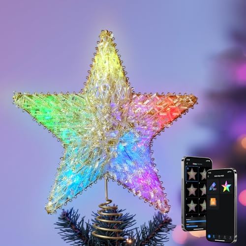Christmas Tree Topper, Gold 9“ RGB Color Change Lighted Christmas Tree Star Topper, App Remote Control DIY Scene Mode Timer Dimmable, USB Xmas Topper for Christmas Tree Holiday Party Gift Decorations by Unknown
