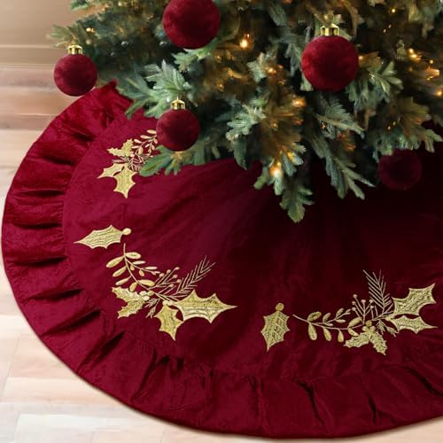 Velvet Christmas Tree Skirt Red Wine Gold Fur Plush Tree Skirt Luxury Xmas Skirts for Merry Christmas Party Vintage Holiday Decorations (72 Inches,Gold Embroidered Holly Style,Red) by Vertintong