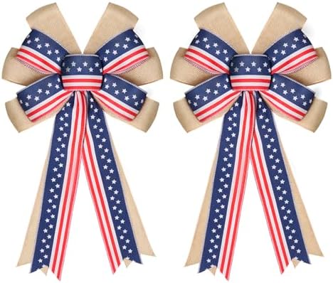 2 Pcs 4th of July Decor Bow for Wreath,Red White Blue Stripe Stars and Burlap Tree Topper Bows for Patriotic,Independence Day,Memorial Day,Veteran's Day,Outdoor Decorations by brand