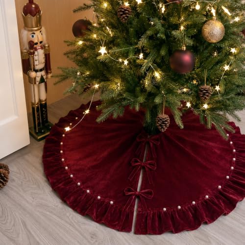 Wine Red Velvet Christmas Tree Skirt, 36 Inch Christmas Tree Skirt with Ruffled Edge and Pearl Trim - Image 6