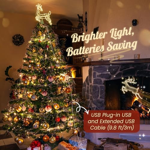 Luxspire Christmas Tree Topper, 3D Deer Lighted Tree Topper with USB Plug-in & Remote Control, Light Up Xmas Vintage Modern Ornaments Decor Lights for Home Party, Crystal Reindeer-Gold - Image 4