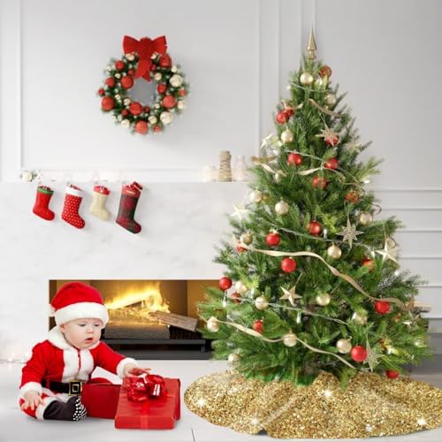 MODFUNS Gold Christmas Tree Skirts 36 Inches Sequence Christmas Tree Skirt Embroidered Christmas Tree Mats Farmhouse Round Merry Christmas Tree Skirt for New Year Birthday Ornament - Image 5
