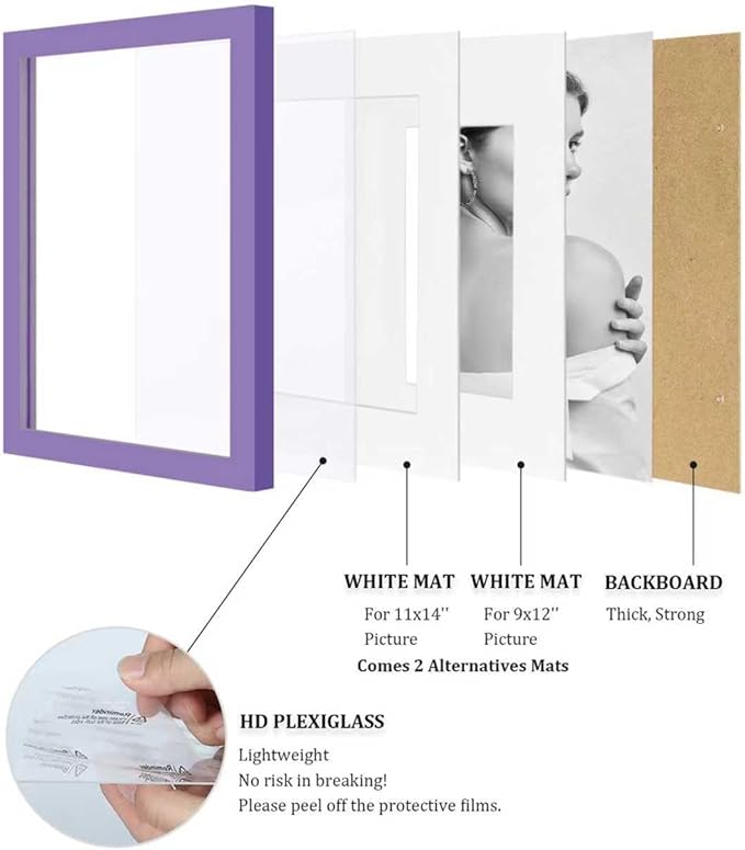 Egofine 12x16 Picture Frames 4PCS Covered by Plexiglass, Made of Solid Wood, Display Pictures 9x12/11x14 with Mat or 12x16 Without Mat for Wall Mounting, Purple