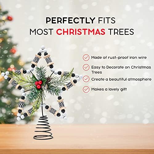 Rattan Star Christmas Tree Topper - Wooden Bead Holly Mistletoe Decor 11.5" - Image 5