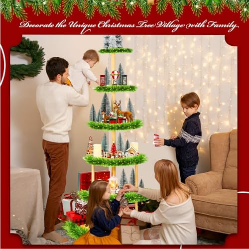 DoubleFill 6 Tier 72 Inch Christmas Tree Village Stand Christmas Bookshelf Display Supply Large Xmas Ornament Displays Tree Stands Xmas Wooden Display Trees Stand for Holiday Displays(Semicircle) - Image 5
