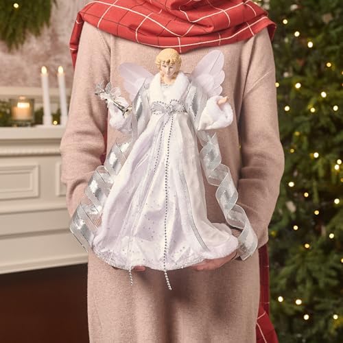 Valery Madelyn Lighted Christmas Tree Topper Angel with Timer, 16 Inch White and Silver Fabric Angel Tree Topper with Lights for Christmas Tree Decoration Indoor, Battery Operated, Valentines Gift - Image 6