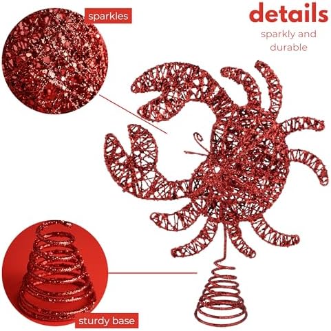 Needzo Nautical Christmas Tree Topper, Hollow Glittered Red Crab, Coastal Holiday Home Decor, 11 x 2.5 x 10 Inches - Image 2