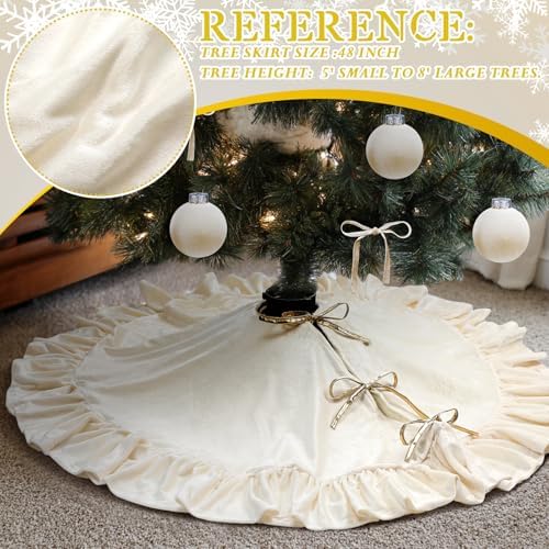 Velvet Christmas Tree Skirt, 48 Inches, Bow Style, Ivory White - Image 4