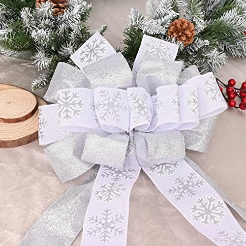 Christmas Tree Topper, 40x13 Inches Toppers Bow with Glitter Satin Mesh Streamer and Patterned Ribbon, Christmas Tree Topper Bow for Christmas Home Decoration (White) - Image 2