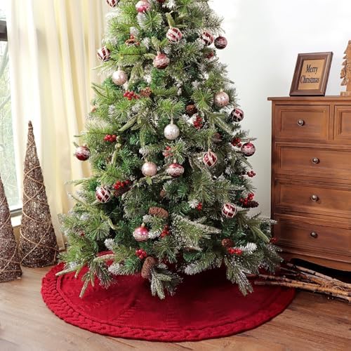 48 inch Christmas Tree Skirt: Braided Cable Knit Tree Skirt for 7.5ft Tree, Wine Red Tree Skirt, Vintage Tree Skirts, Rustic Farmhouse Christmas Decorations - Image 4
