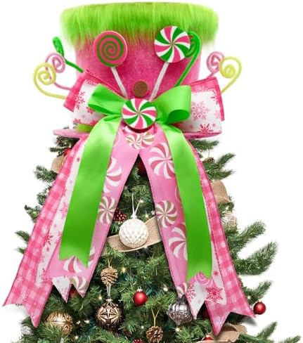 Pink Christmas Decor, Velvet Green Christmas Tree Topper Hat, Candy Cane Christmas Decorations Inddoor, Pink Ribbon Bow Topper Hat with Green Plush, Christmas Winter Holiday Decorations for Home by CRCZK
