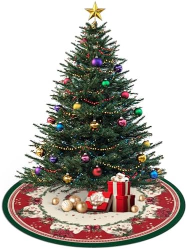 36 Inch Christmas Tree Skirt Mat Short Plush Red Xmas Tree Skirts for Indoor Outdoor Christmas Tree Decoration(Poinsettia and Balls) - Image 2