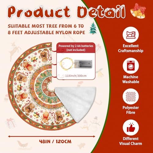 Christmas Tree Skirt with LED Lights, 48 Inch Christmas Skirt Tree Decoration with Gingerbread Man, Christmas Trees Mat for Under Trees Holiday Party Indoor Decorations, Gift for Women Wife Mom - Image 2