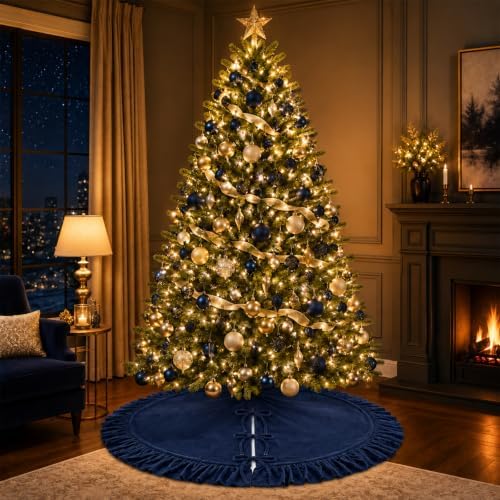 36 Inch Large Christmas Tree Skirt, Navy Blue Velvet with Ruffled Edge for Big Trees Decorations for Home Party Festival - Image 7