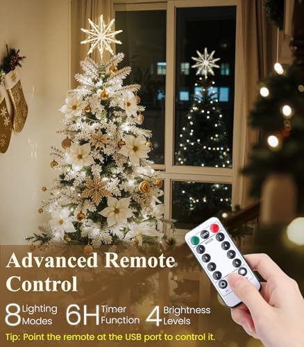 Luxspire Christmas Tree Topper, Lighted Star Tree Topper with USB Remote Control, 10" Clear Metal Decorations Lights,Light Up Xmas Stars Vintage Modern Ornaments for Home Party, Decagram Star-Gold - Image 4
