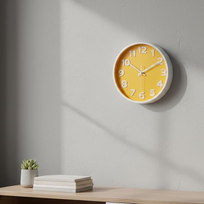 10 Inch Yellow Wall Clock with Big Numbers - Battery Operated Silent Modern Simple Decor Easy to Read for Kitchen, Bedroom, Living Room, Office, School