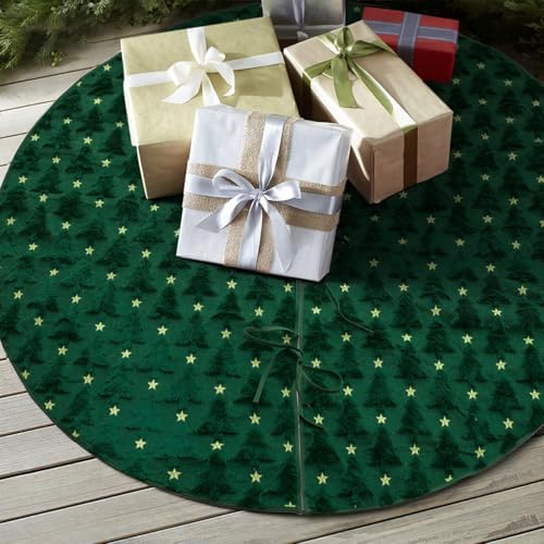 AVOIN colorlife Soft Plush Faux Fur Christmas Tree Skirt 48 Inch, Jacquard Green Xmas Star Pine Trees Winter Holiday Mat Decoration - Image 4