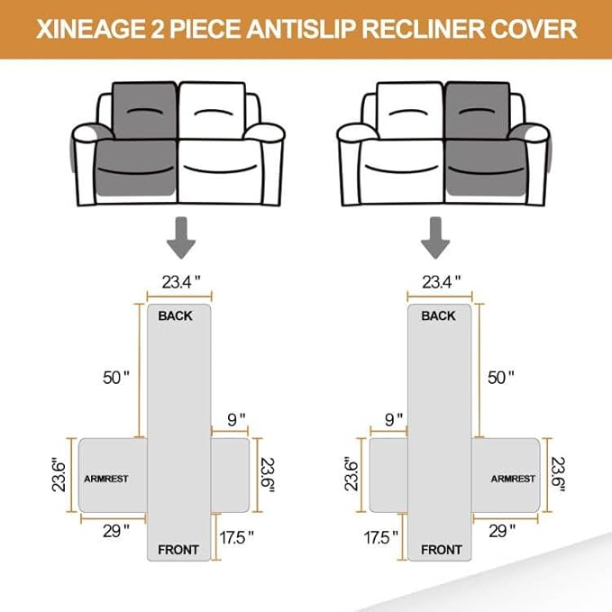 XINEAGE Water Resistant Recliner Cover, 2 Seat Loveseat Covers with Pockets, Quilted Thick Protector Cover for Dog Pets with Non Slip Backing and Strap (Loveseat, Black)