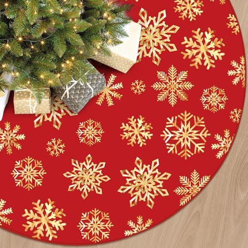 48 Inch Christmas Snowflake Tree Skirt Gold Snowflake Red Christmas Tree Skirt Large Red Round Xmas Trees Mat with Gold Snowflakes for Winter Holiday New Year Party Xmas Trees Home Decor by peonyman