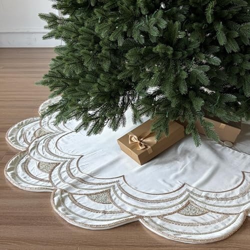 60-Inch Beaded Scalloped Christmas Tree Skirt in Foam-Lined Satin, Button-Loop Closures, Pearl White - Image 3