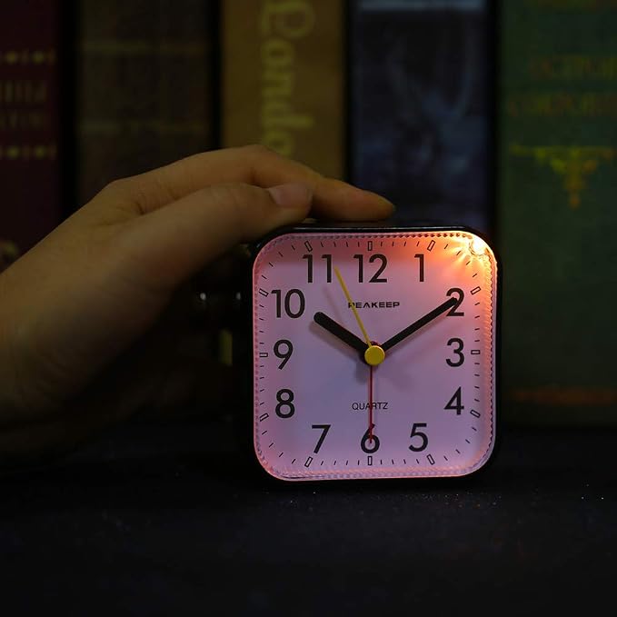 Peakeep Small Battery Operated Analog Travel Alarm Clock Silent | No Ticking, Lighted on Demand and Snooze, Beep Sounds, Gentle Wake, Ascending Alarm, Easy Set (Black) - Image 5