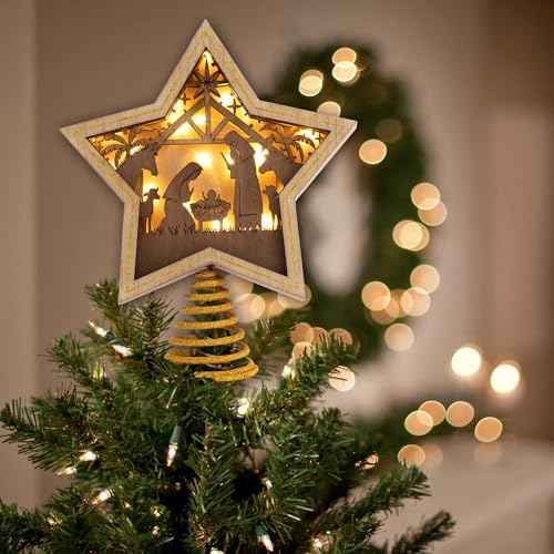 DEMDACO Lit Star Nativity Tree Topper, Gold Wooden Star, 10 x 8.5 in - Image 6