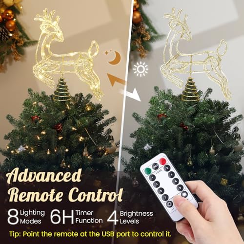 Luxspire Christmas Tree Topper, 3D Deer Lighted Tree Topper with USB Plug-in & Remote Control, Light Up Xmas Vintage Modern Ornaments Decor Lights for Home Party, Crystal Reindeer-Gold - Image 5