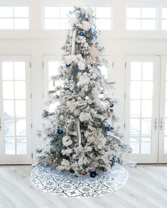 White Christmas Tree Skirt, 48 inches Large Red Flannel Tree Mat with Gilded Christmas Patterns Skirt for Xmas Tree Holiday Party Decorations Indoor Outdoor with 1 Christmas Stocking (White) - Image 3
