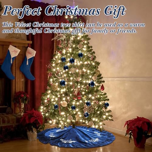 48 Inches Velvet Christmas Tree Skirt Blue with Gold Embroidered Holly Fur Plush Tree Skirt Luxury Xmas Skirts for Merry Christmas Party Vintage Holiday Decorations - Image 6
