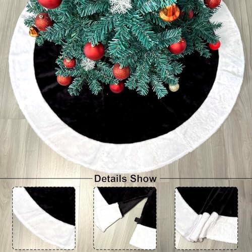 Black Christmas Tree Skirt Faux Fur Christmas Tree Skirt Black and White 48 Inch Neutral Soft Plush Xmas Trees Skirts Mat for Xmas Party Decorations New Year Holiday Home Ornaments - Image 3
